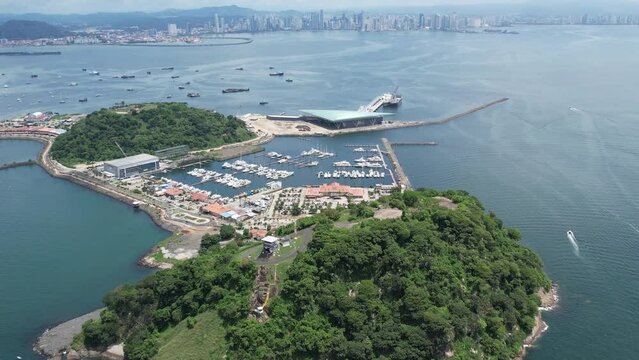 Aerial views from over Flamenco Island and Perico Island, outside of Panama City, Panama.