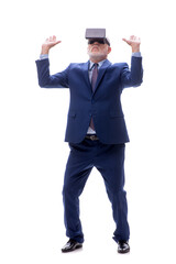 Old businessman wearing virtual glasses isolated on white