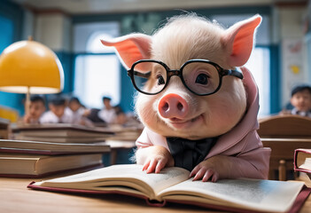 Professor pig with glasses in classroom. Generative AI