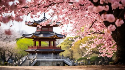 Ancient pagoda surrounded by vibrant cherry blossoms
