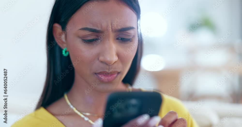 Aufkleber Home, woman and phone with spam stress and reading phishing text with doubt and frustrated. Confused, mobile glitch and problem from scam notification and error in a living room with website scroll