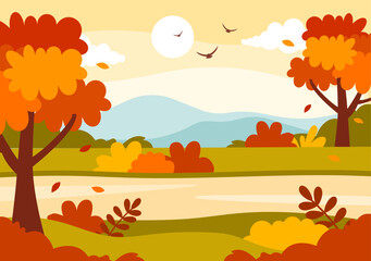 Fototapeta na wymiar Autumn Landscape Background Vector Illustration with Mountains, Fields, Trees and Fall Leaves in Flat Cartoon Natural Season Panorama Templates