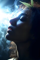 In this close-up portrait, a woman's profile is veiled in a delicate swirl of marijuana smoke, capturing a moment of tranquility and mindfulness within the cannabis culture.