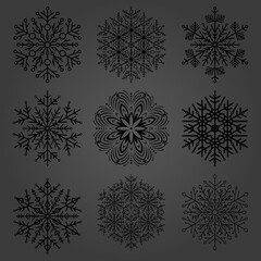 Set of snowflakes. Black winter ornaments. Snowflakes collection. Snowflakes for backgrounds and designs