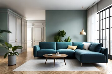 Modern interior design, in a spacious room, next to a table with flowers on a gray wall. Bright, spacious rooms with comfortable sofas, plants and elegant accessories.