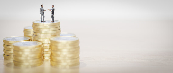 Two Businessman miniature standing on stack. 3d illustration rendering