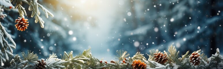 Fototapeta na wymiar Branches and snowfall flakes covered in snow on a winter panorama background. Christmas banner.