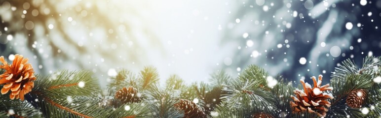 Fototapeta na wymiar Branches and snowfall flakes covered in snow on a winter panorama background. Christmas banner.