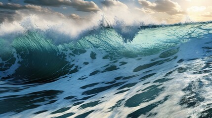 Surf wave in ocean at sunset. 