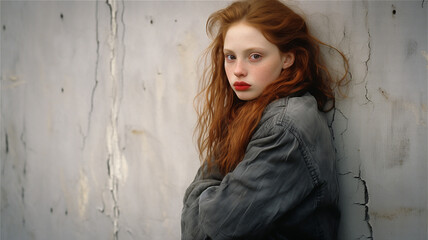 Portrait of a young girl with fair skin and auburn hair wearing a grey coat and standing against a white wall. Fashion or cosmetics.  - obrazy, fototapety, plakaty