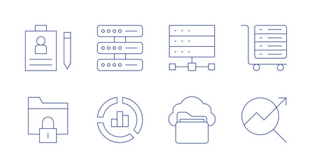 Data icons. Editable stroke. Containing personal file, servers, digital, delivery, folder, donut chart, data storage, seo.