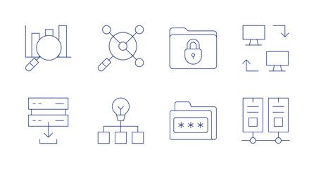Data icons. Editable stroke. Containing search, analytical, folder, syncronization, data, encrypted data.