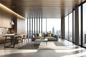 Modern interior design of living room in apartment, house, office, bright modern interior detail and sunlight from window on concrete wall background.