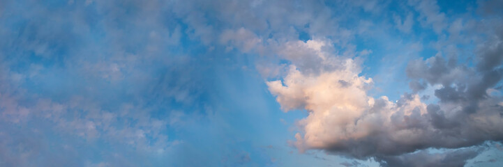 Blue sky fluffy white clouds on summer season bright clear skyline with beautiful cloudscape. Panorama blue sky clouds pattern on daylight with copy space. Cumulus cloudscape air climate sunny day