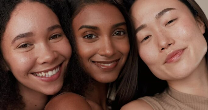 Skin, beauty and portrait of diversity women in studio for makeup, inclusion and wellness. Face of happy people for different facial care, dermatology glow or cosmetics and comparison of friends