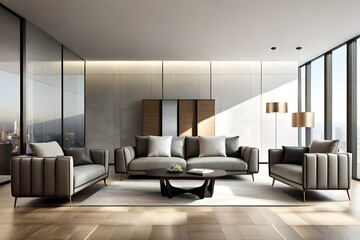 Modern interior design of living room in apartment, house, office, comfortable sofa, bright modern interior detail and light from window on concrete wall background.