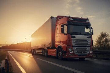 As the sun sets, a semi truck delivers vital freight down the open road. A vital cog in the machinery of commerce. Generative AI.