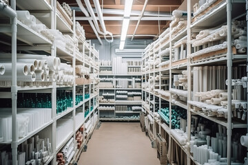 In the construction supply shop, plumbing pipes, PVC pipes, and water pipes are arranged on the shelves. Generative AI