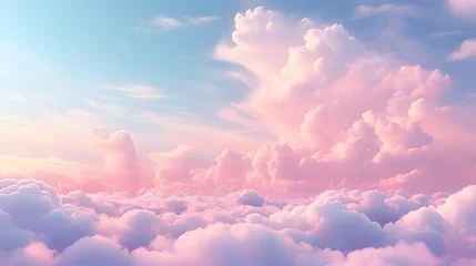 Fotobehang Beautiful aerial view above clouds at sunset, Beautiful cloudscape with blue sky and pink clouds. 3d illustration. Generated AI © wcirco
