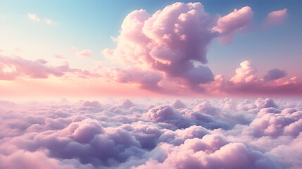 Beautiful aerial view above clouds at sunset, Beautiful cloudscape with blue sky and pink clouds. 3d illustration. Generated AI