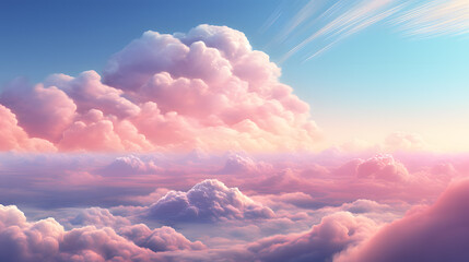 Beautiful aerial view above clouds at sunset, Beautiful cloudscape with blue sky and pink clouds. 3d illustration. Generated AI - obrazy, fototapety, plakaty