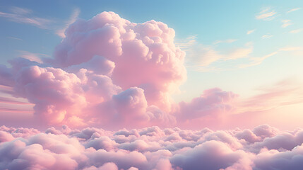 Beautiful aerial view above clouds at sunset, Beautiful cloudscape with blue sky and pink clouds. 3d illustration. Generated AI