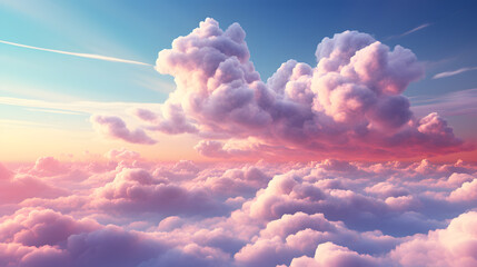 Beautiful aerial view above clouds at sunset, Beautiful cloudscape with blue sky and pink clouds. 3d illustration. Generated AI - obrazy, fototapety, plakaty