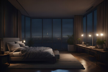 Penthouse bedroom at night, dark gloomy with city sky view, A room with a view of the city