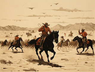 An Illustration of a Grainy Rodeo with Large Horses and Cowboys