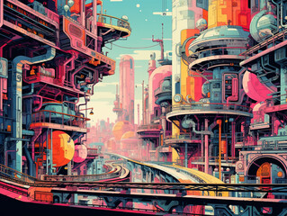 An Illustration of a Risograph-Inspired Steampunk City