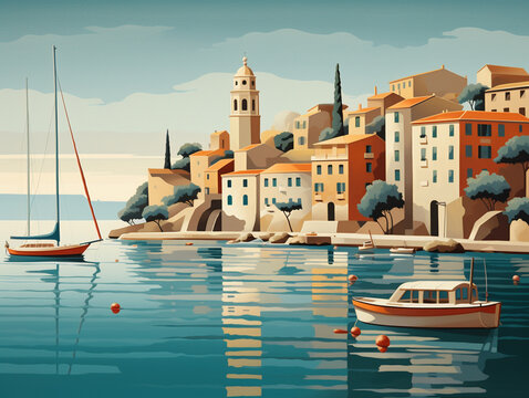An Illustration of a Mediterranean Seafront with Large Boats and Grainy Waves