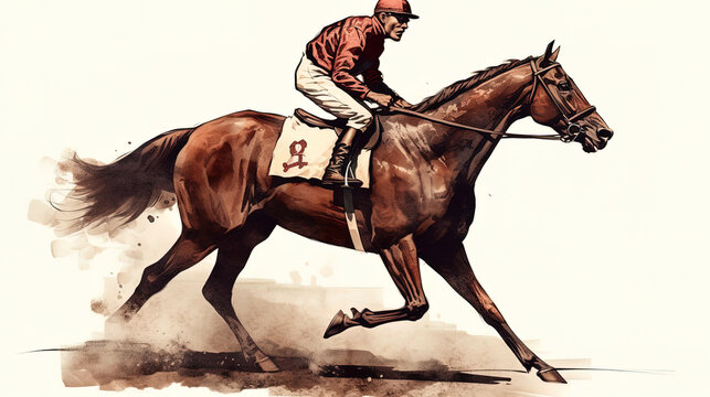 Horse racing . Digital illustration of thoroughbred horse and jockey. Generative AI