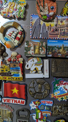 Manila, Philippines - Various refrigerator magnets from different places around Southeast asia. Souvenir novelty items from popular tourist destinations.