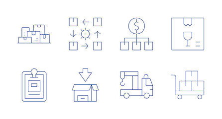 Logistics icons. Editable stroke. Containing boxes, rotation, value chain, fragile, clipboard, delivery box, tow truck, trolley.