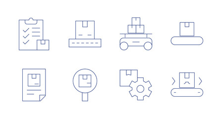 Logistics icons. Editable stroke. Containing clipboard, package, warehouse, manufacturing, delivery, inspection, logistics.