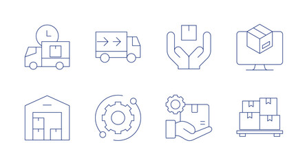 Fototapeta na wymiar Logistics icons. Editable stroke. Containing delivery time, truck, secure, product, warehouse, technical support, product management, packages.
