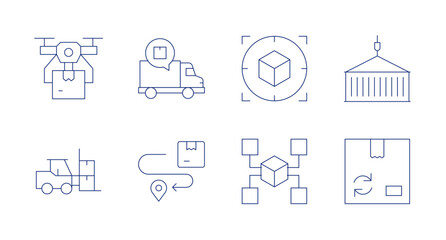 Logistics icons. Editable stroke. Containing drone, delivery truck, target, container, forklift, delivery, distribution, recycled.