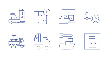 Logistics icons. Editable stroke. Containing forklift, error, delivery box, truck, distribution, crane, ferry, box.