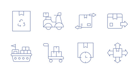 Logistics icons. Editable stroke. Containing recycling, scooter, discrepancy, delivery box, container, trolley, delivery time, distribution.