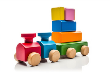 Colorful wooden Toys train, pyramid and colored cubes isolated on white background