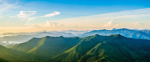 Fototapeta na wymiar Green mountain nature landscape at sunrise. panoramic view.