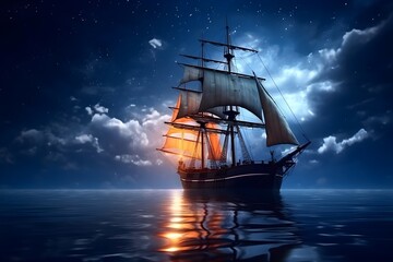 Fototapeta premium 夜の海に浮かぶ帆船