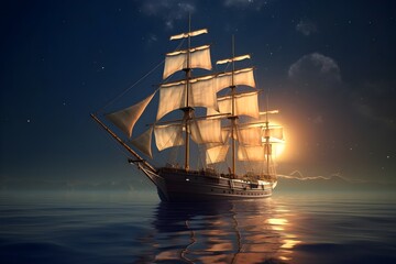 夜の海に浮かぶ帆船 - obrazy, fototapety, plakaty