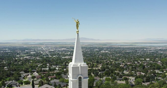Moroni Statue on LDS Mormon Temple Steeple in Bountiful, Utah - Aerial Orbit