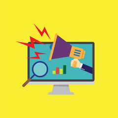 Digital marketing on computer screen yellow background