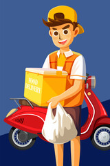 food delivery man cartoon illustration. carrying boxes and bags full of food