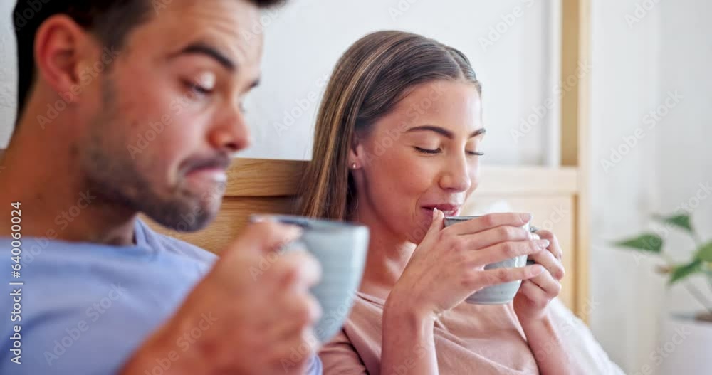 Poster Conversation, coffee and young couple in bed for bonding together on a weekend morning. Happy, smile and young man and woman from Canada relaxing and drinking a latte in the bedroom of a modern home.