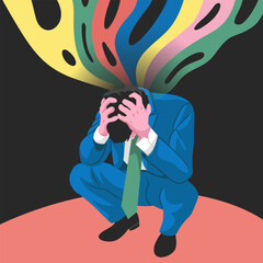 world mental health day. illustration of a man in a suit sitting with a depressed expression and negative aura coming out of his head