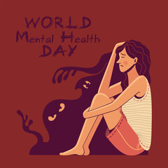 world mental health day. illustration of a woman sitting with a depressed expression covered in negative aura around her