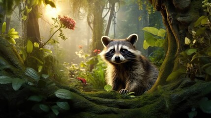 raccoon in the forest - obrazy, fototapety, plakaty